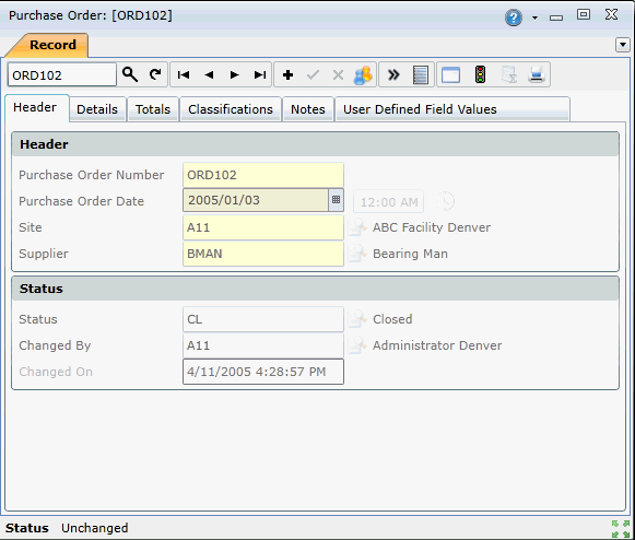 Purchase Order Edit Window